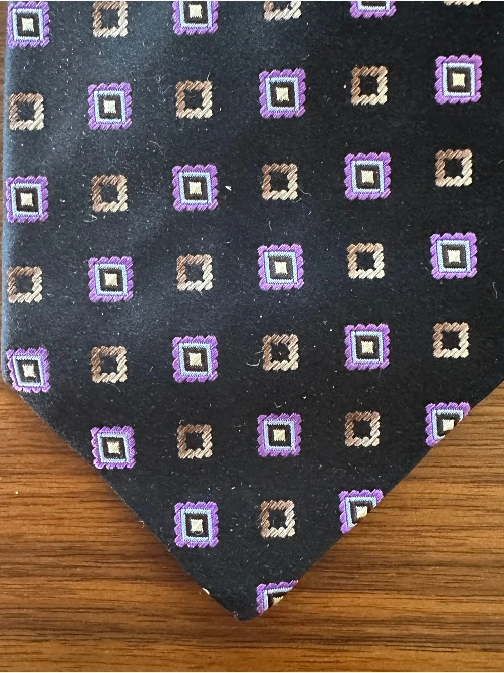 Ermenegildo Zegna Black Silk Tie with Purple and Tan Geometric Squares